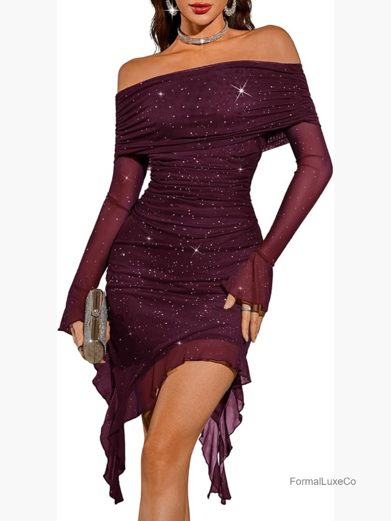 Long Sleeve Sequin Bodycon Prom Dress Off Shoulder Formal Party
